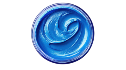 Blue cosmetic cream with smooth texture in an open jar. Transparent background