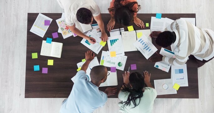 Above, workshop and documents with business people in office for event planning, budget and schedule proposal. Project management, teamwork and marketing strategy with employees for campaign producer