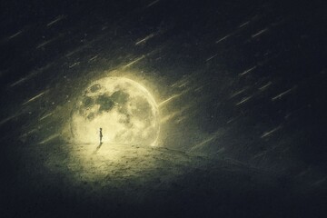 Starfall painting of a surreal world and a person silhouette on a desolate land. Starry night with falling comets and full moon © PsychoShadow/imageBROKER