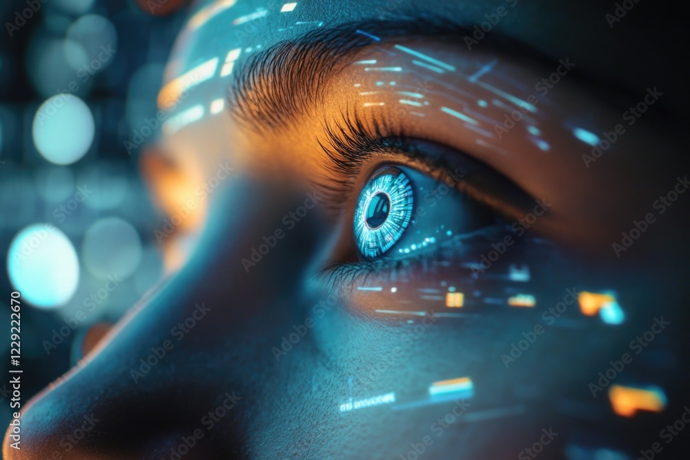 Poster a detailed view of an eye with a futuristic design element applied to the iris
