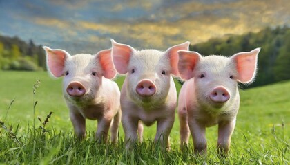 KI generated, Three piglets enjoying the spring, Pig, Pigs, (Sus scrofa domesticus), Domestic pigs