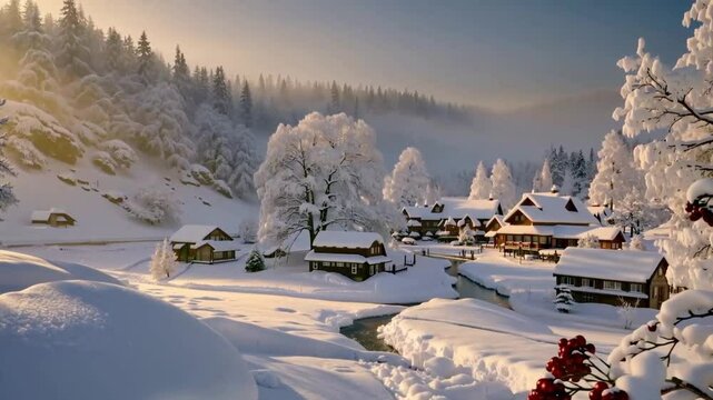 Sunlight breaks over a remote, snow-covered hamlet surrounded by frosted pine trees and rolling white hills for seasonal media.