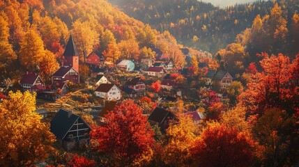 cozy village nestled in a valley, surrounded by autumn foliage in vibrant shades of red, orange, and yellow, sparking warmth and comfort