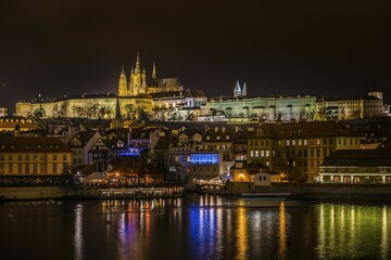 Night shot of Prague, Moldova, St. Vitus Cathedral, Prague Castle, Hradčany, historic centre, Prague, Bohemia, Czech Republic, Europe