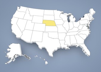Nebraska, NE, highlighted on a contour map of USA, United States of America, 3D illustration