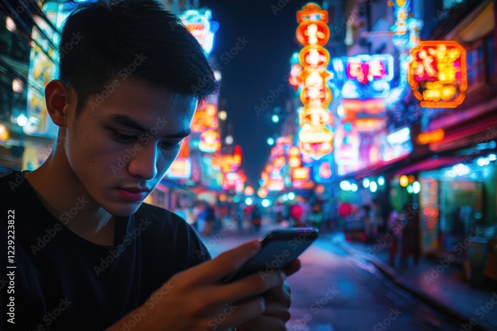 Poster a person examining their mobile device, possibly checking messages or browsing the internet
