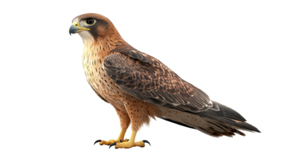 Large brown and white bird with a yellow beak stands on transparent background
