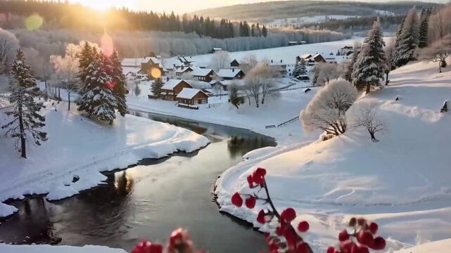 Aerial view captures a small, peaceful village nestled in a snowy valley with a winding stream during golden hour light.
