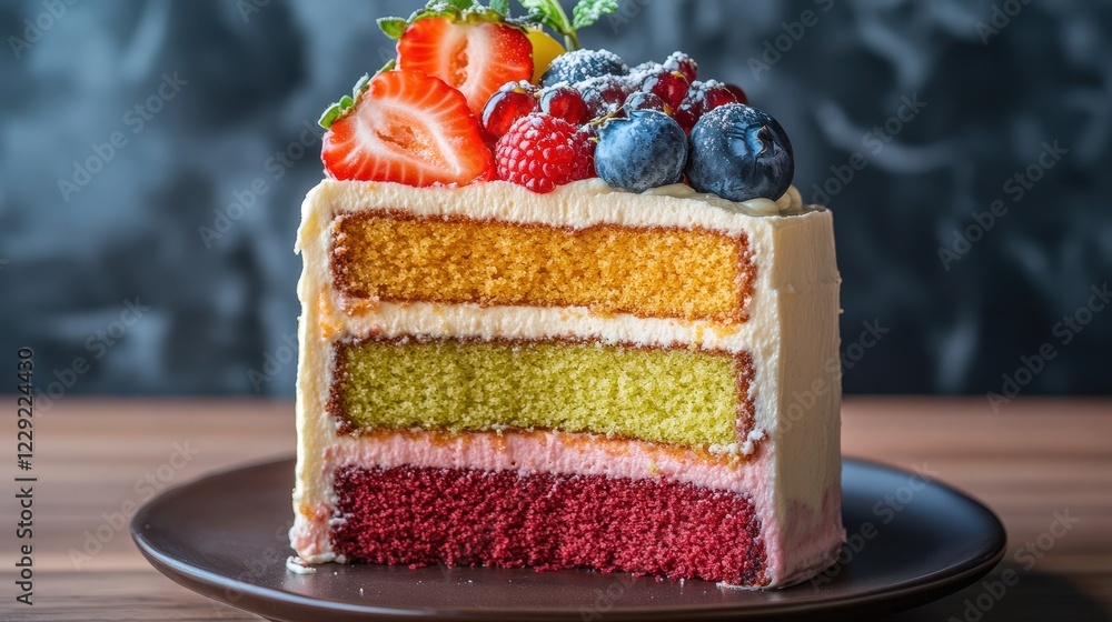 Poster cross-sectional view of a multi-layered cake with colorful sponge layers and creamy filling,