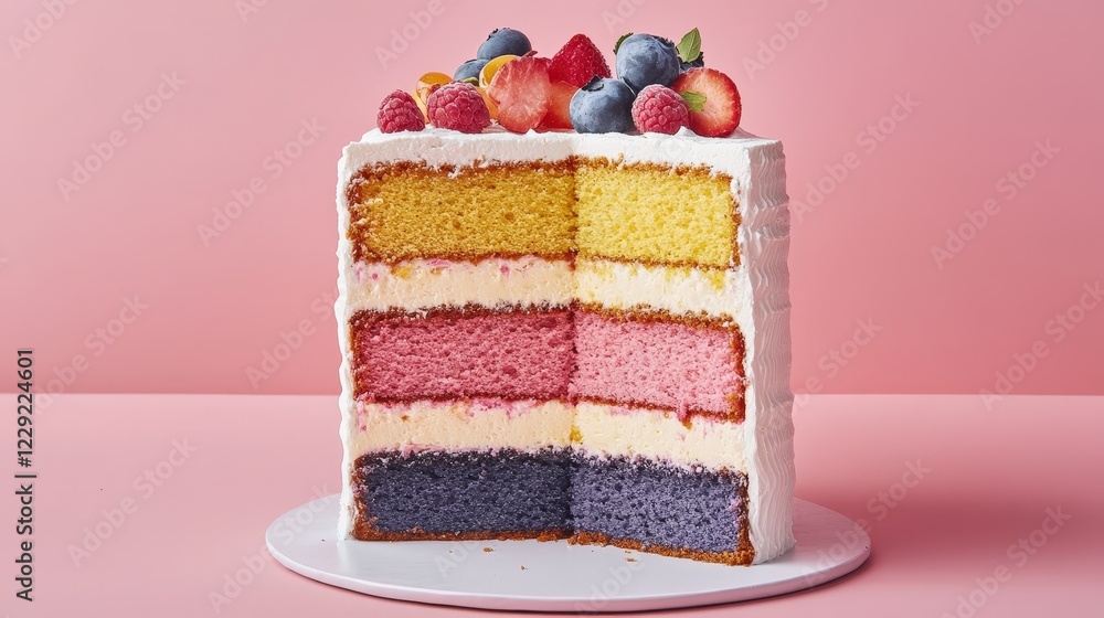 Poster cross-sectional view of a multi-layered cake with colorful sponge layers and creamy filling,