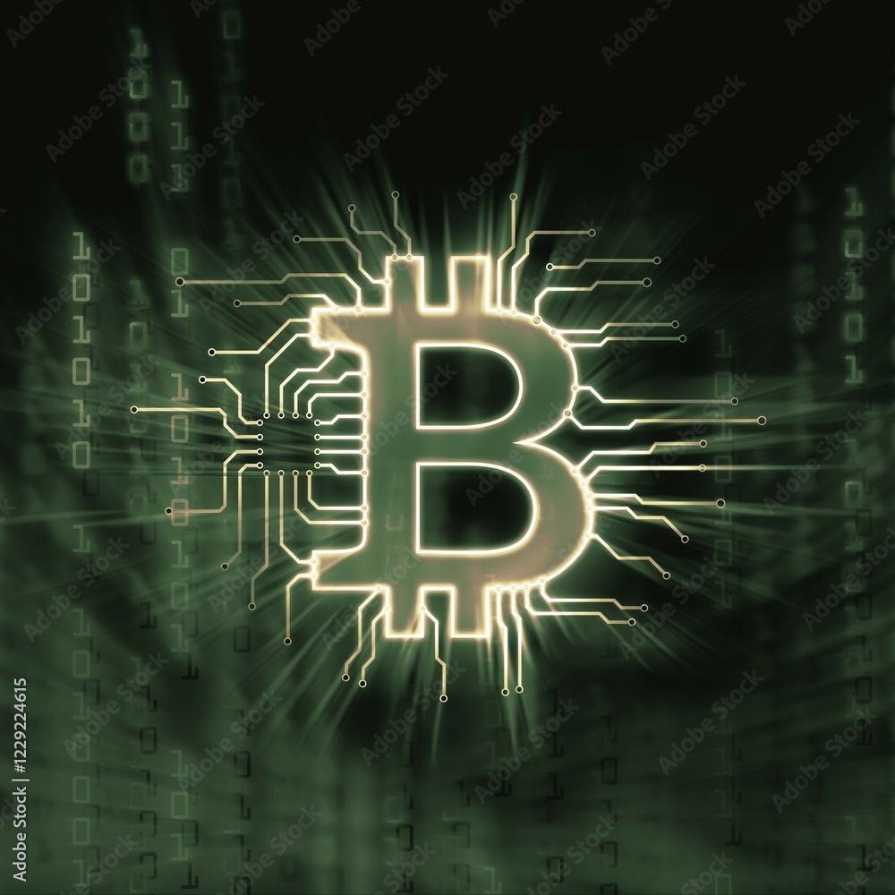 Poster bitcoin ₿ cryptocurrency, digital decentralized currency symbol, conceptual illustration of a bitcoi