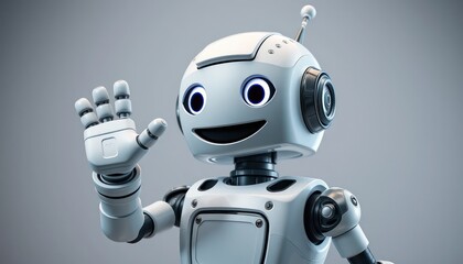 Naklejka premium Friendly Robot Character Waving with Smile on a Gray Background