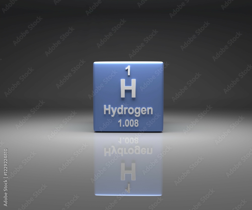 Poster cube with hydrogen number 1 periodic table, 3d rendering