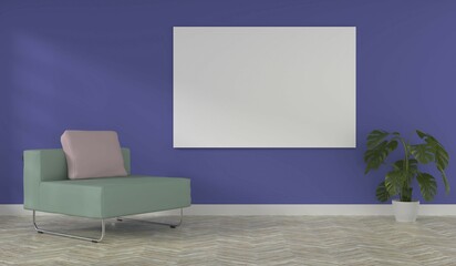Modern puristic room with a green relax chair and a purple wall, color of the year 2022 concept