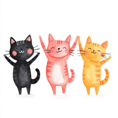 Obraz premium Watercolor painting depicting three happy kittens jumping and raising their paws in joy