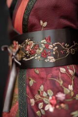 A close-up view of a belt on a woman's waist, details clear