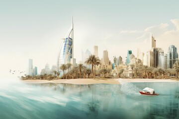 Obraz premium Photo collage, tourism in a cosmopolitan city, Dubai, skyline, Burj Al Arab, illustration, AI generated
