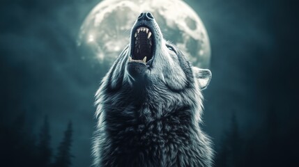 Obraz premium Howling werewolf under the glowing full moon in a dark forest with dramatic lighting