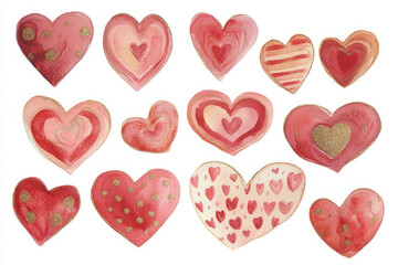 Fototapeta premium Watercolor hearts painted in pink and red gradients, adorned with delicate gold details, evoking romantic artistic expression