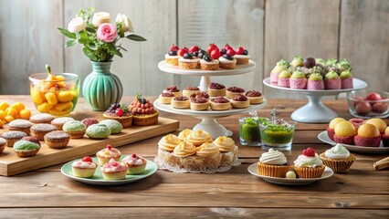 Pastel-colored dessert buffet spread on a elegant wooden table , desserts, tart, desserts,tart,frosted