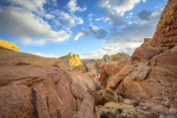 Colorful, Red Orange Rock Formations, Sandstone Rock, Hiking Trail, White Dome Trail, Valley of Fire State Park, Mojave Desert, Nevada, USA, North America