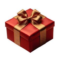 Red gift Box with golden Ribbon isolated on transparent white background, pen tool, clipping path.
