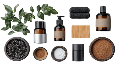 Amber Bottles and Natural Ingredients on Dark Background Flat La