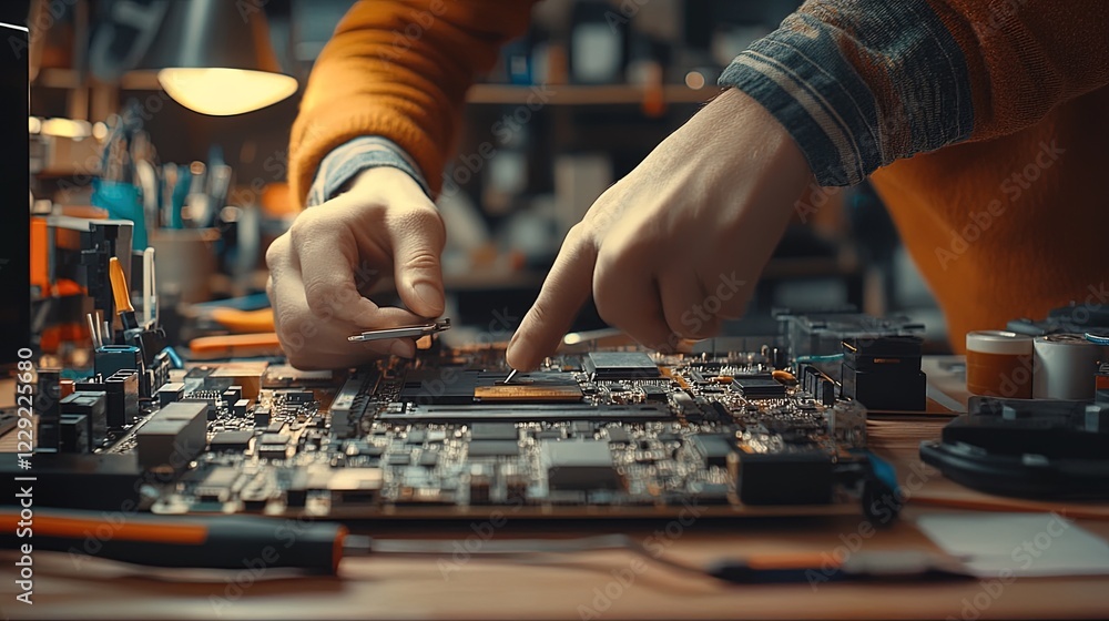 Poster person assembling a custom-built computer, close-up of components and tools on the desk