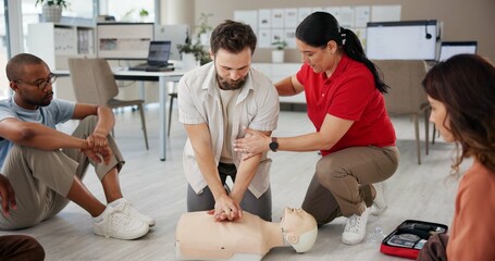 First aid, learning cpr and people with mannequin for safety compliance, health or chest...