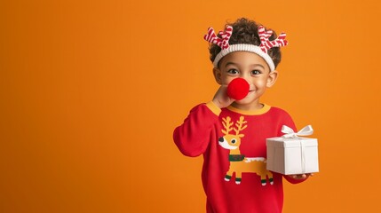 Happy child wearing christmas reindeer costume holding gift box on orange background