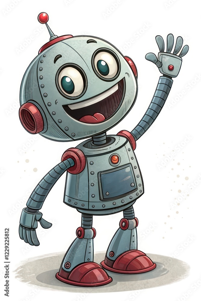 Poster robot character waving with a friendly expression on a white background