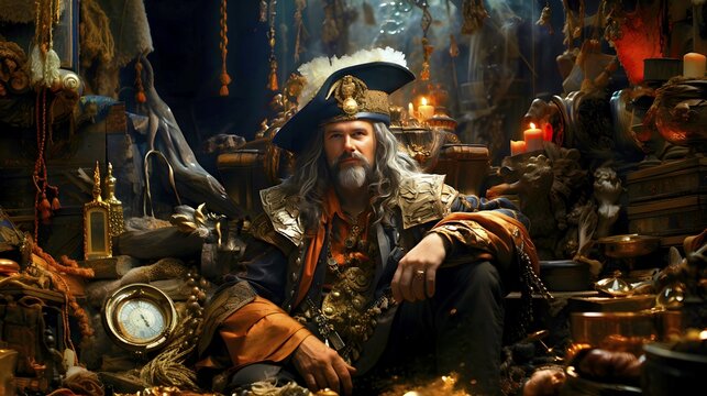 A pompously dressed buccaneer, sitting in the middle of his captured pirate treasure, AI generates