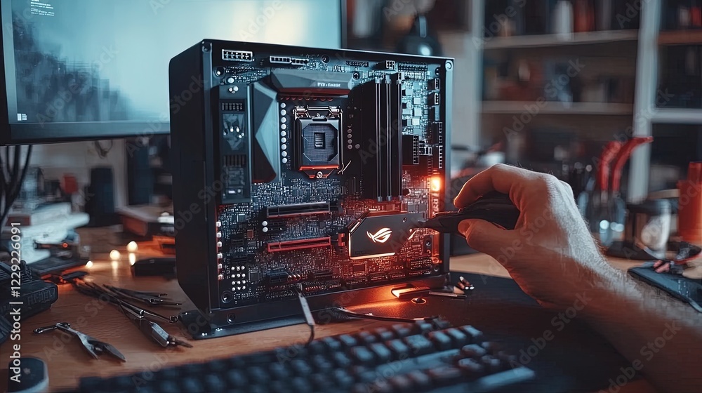 Fototapete person assembling a custom-built computer, close-up of components and tools on the desk
