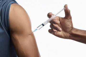 Close-up of a hand injecting a syringe into the muscle of an arm, AI generated, AI generated