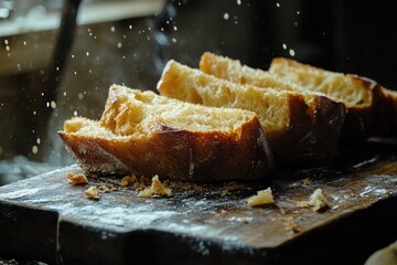 A wooden cutting board topped with fresh bread slices, perfect for serving snacks or appetizers