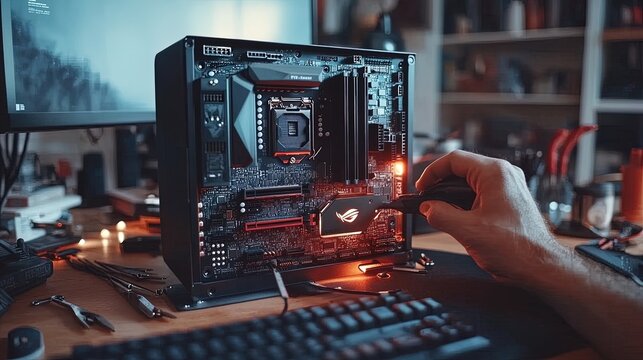 Person assembling a custom-built computer, close-up of components and tools on the desk 
