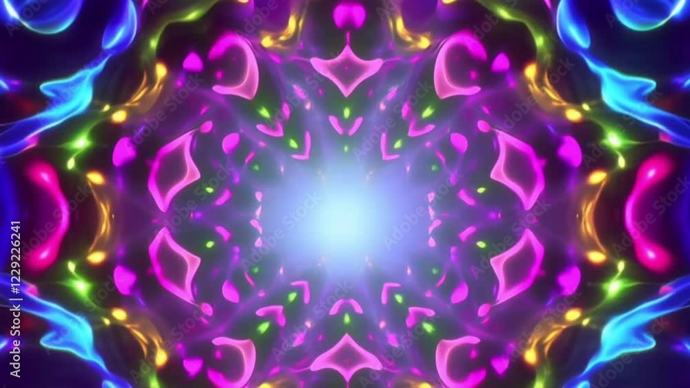 Sticker design a dynamic loop where color drops drift and expand within the oil and water, forming intricate
