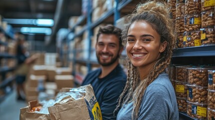 Obraz premium Smiling Volunteers Sorting Food Donations in Warehouse
