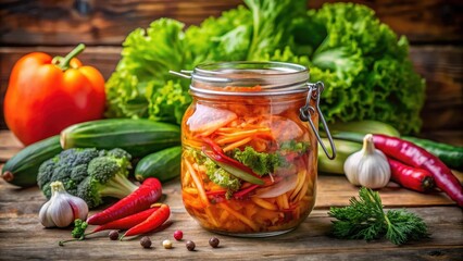 Colorful kimchi jar filled with fermented vegetables surrounded by a variety of fresh green vegetables such as cucumbers, carrots and lettuce , vegetables, container