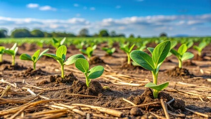 Green soybeans sprout through corn residue in a field with cereal rye nearby, cereal rye, corn,  cereal rye, corn