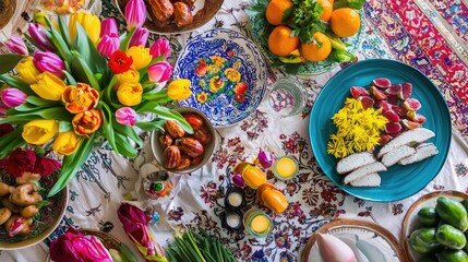 Vibrant Nowruz Celebration with Traditional Haft-Seen Table