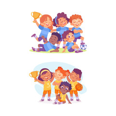 Kids Team with Boy and Girl Character as Unity Vector Illustration Set