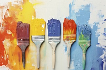 Colourful painter's brushes with oil paint in front of painter's canvas, AI generated
