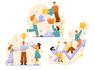 Teamwork Composition with Man and Woman Employee Collaboration Vector Set