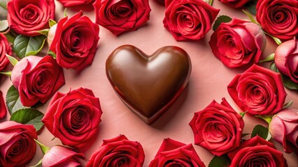 Chocolate Heart Gift on Pink Background , red roses, chocolate lover,  red roses