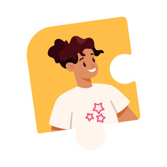 Jigsaw Puzzle with Woman Team Member Character Vector Illustration