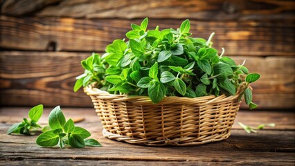 Naklejka premium Fresh oregano leaves piled in a wooden basket with natural wood tones and a rustic feel , food, kitchen, food, kitchen