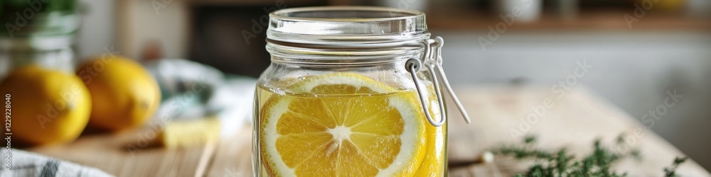 Poster a jar of homemade lemonade with a slice of lemon floating on the surface