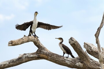 White-breasted cormorants (Phalacrocorax lucidus) on dry tree, Lake Baringo, Kenya, Africa