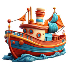 Colorful Cartoon Style Tugboat on Waves in Bright Ocean Scene, Isolated on transparent background